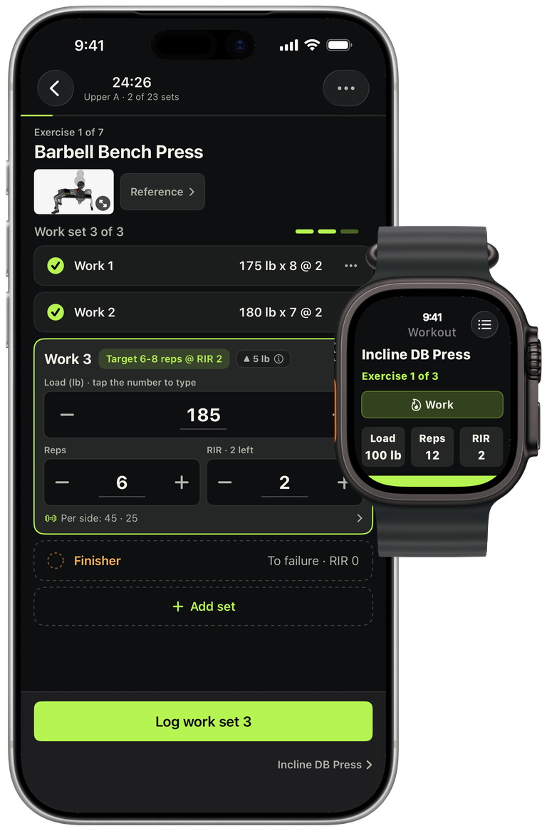 The RIRLift workout screen on iPhone and Apple Watch.