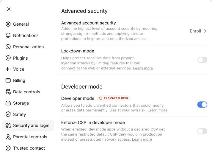 Turn on the Developer mode toggle under Security and login.
