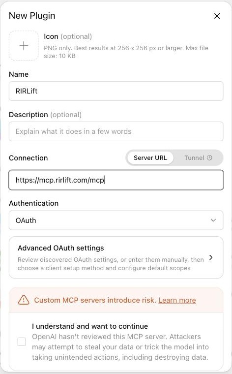 Fill in the New Plugin form with the RIRLift server URL, then click Create.