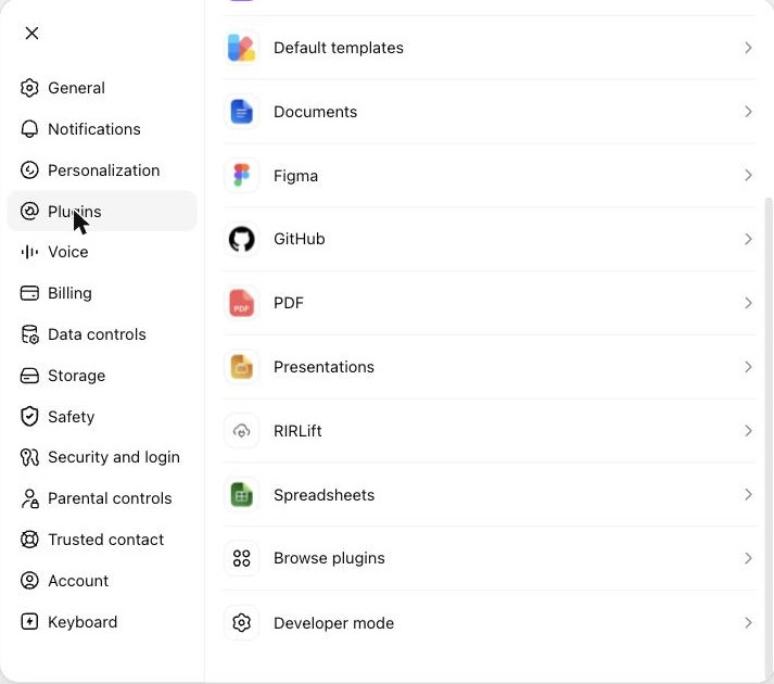 In ChatGPT's settings, open Plugins — Developer mode sits at the bottom of the list.