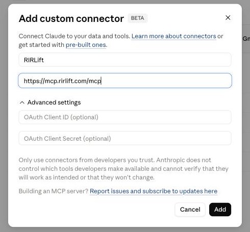 Enter the name and the RIRLift connector address, then click Add.
