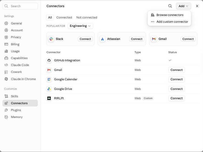 Click Add, then Add custom connector.