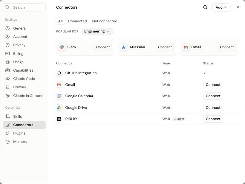 In claude.ai's settings, open Connectors under Customize.